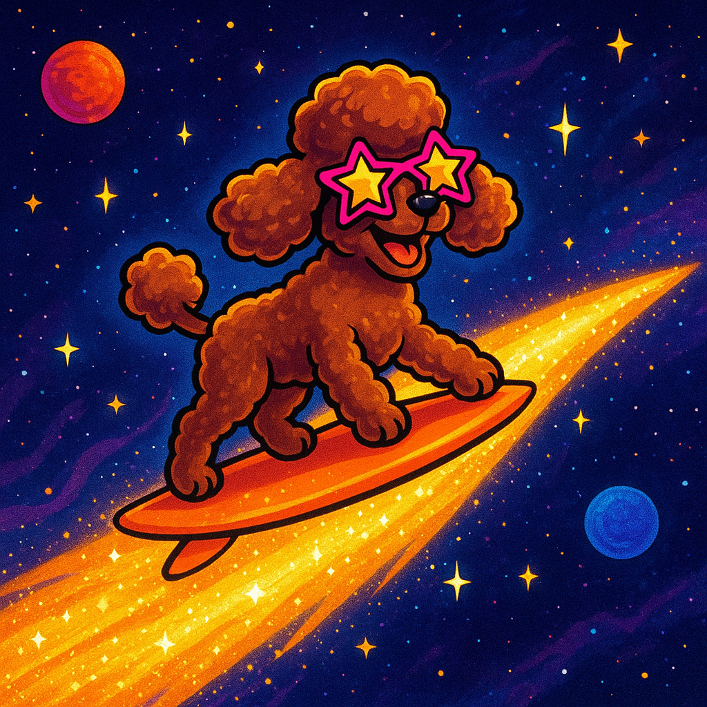 A poodle with star-shaped glasses surfing a sparkling comet tail through the galaxy