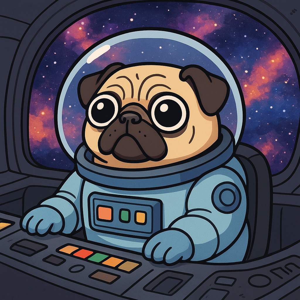 A pug with big eyes in an oversized cosmic command suit, sitting at the controls of a starship with nebulae outside