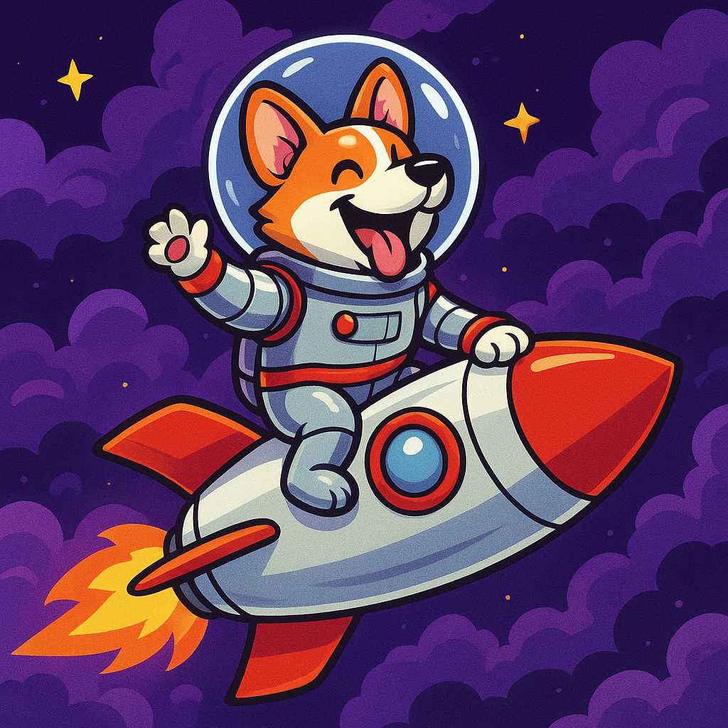 A corgi in a retro rocket suit joyfully riding a cartoon rocket through purple space clouds