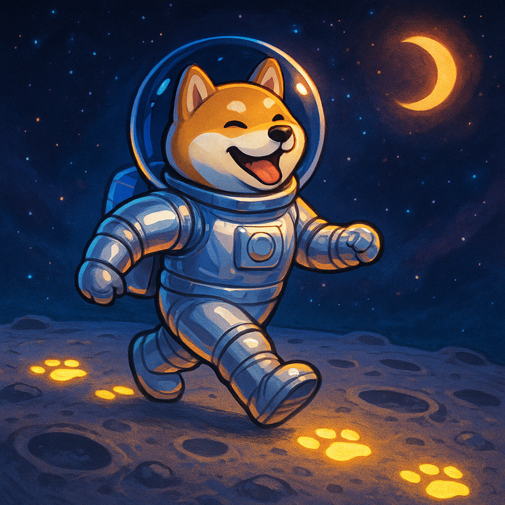 A shiba inu moonwalking in a glossy spacesuit, leaving glowing pawprints on a cratered moon surface