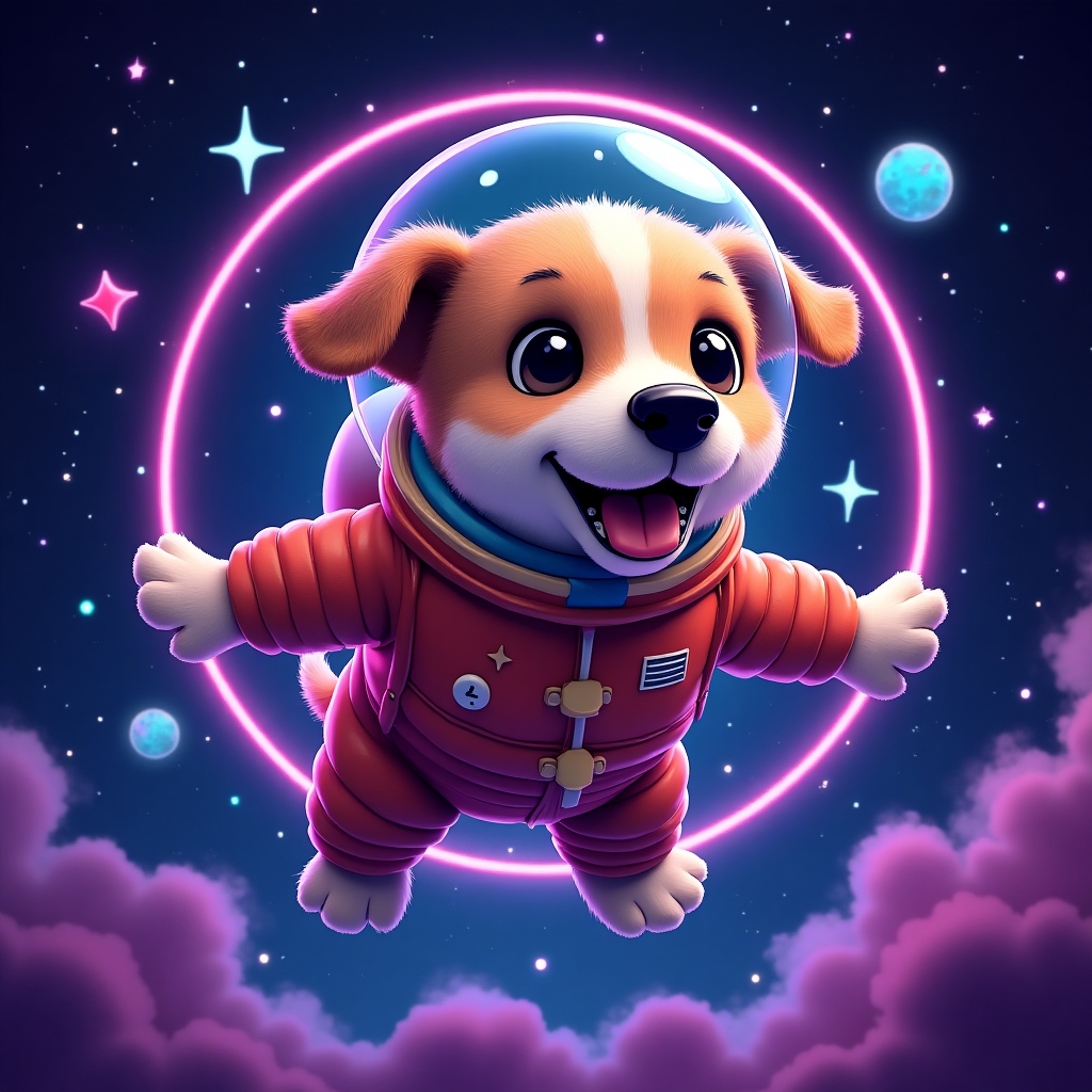 A dog in a spacesuit floating playfully in space, surrounded by stars and neon accents