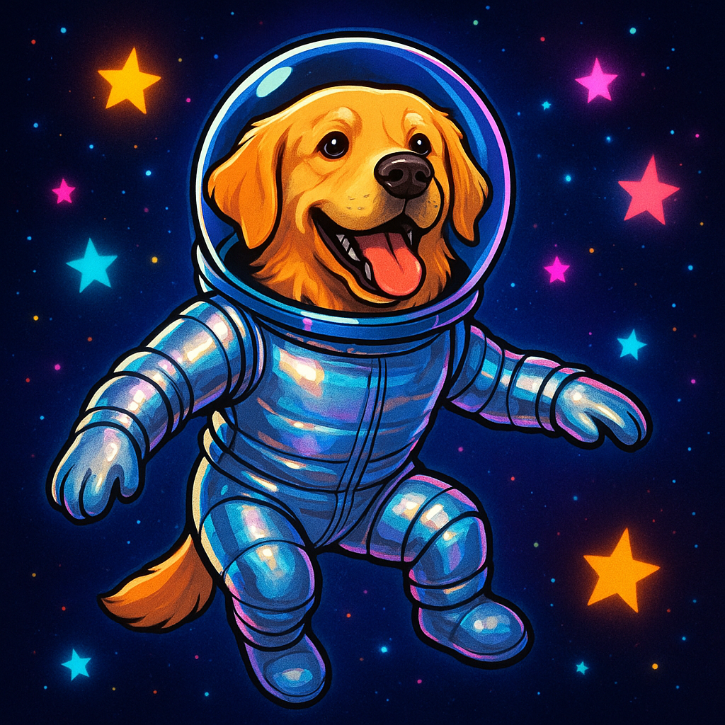 A golden retriever wearing a shiny spacesuit and helmet, floating in zero gravity with stars in the background