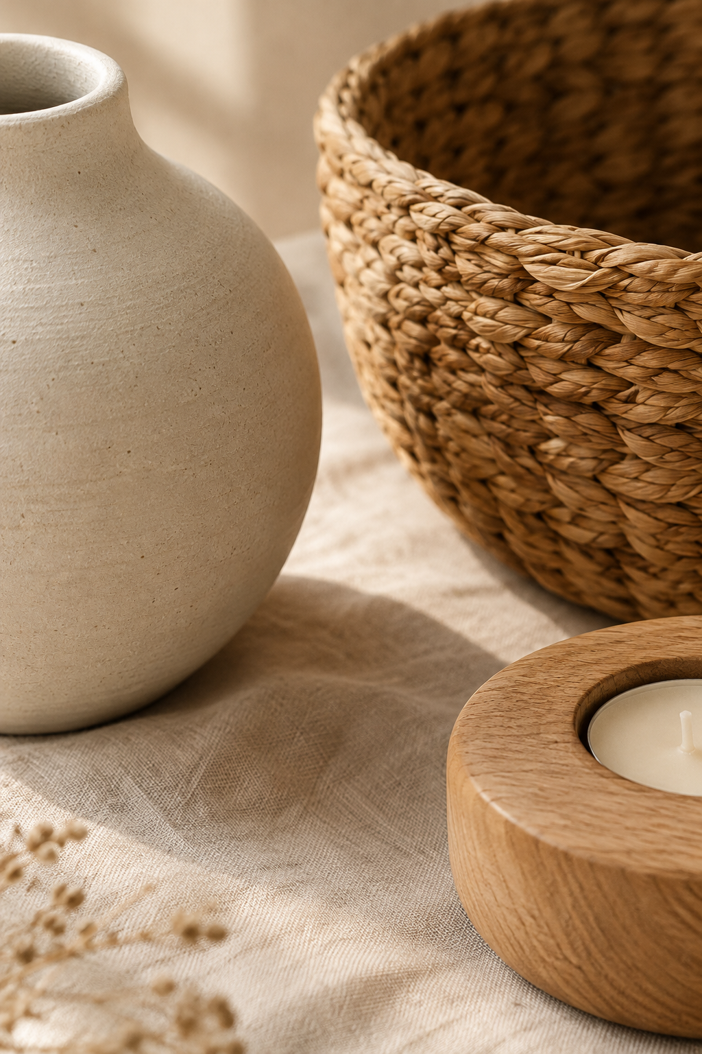 Close-up styling of handmade decor materials with ceramic, woven fiber, and warm wood textures in soft natural light