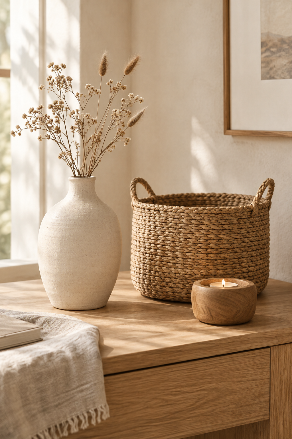 Warm interior scene with a handmade ceramic vase, woven storage basket, and oak candle holder styled on a wooden console