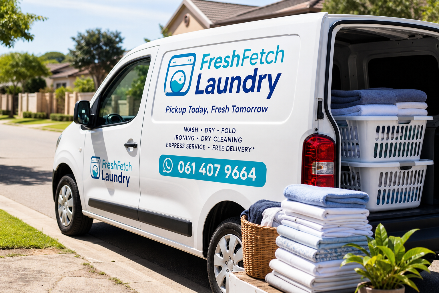 Clean branded FreshFetch Laundry delivery van with the tagline Pickup Today, Fresh Tomorrow and fresh laundry baskets nearby