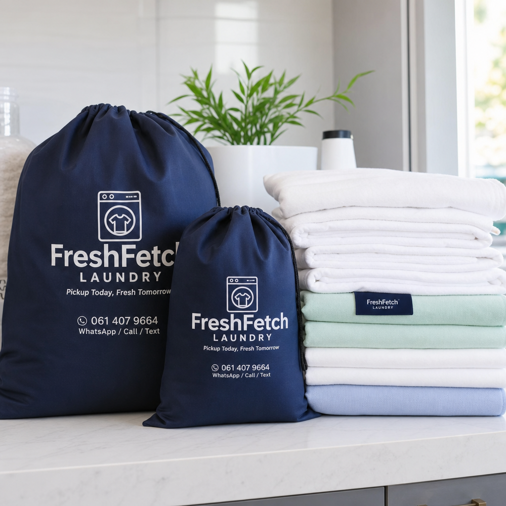 Branded FreshFetch laundry bags and folded linen stacks