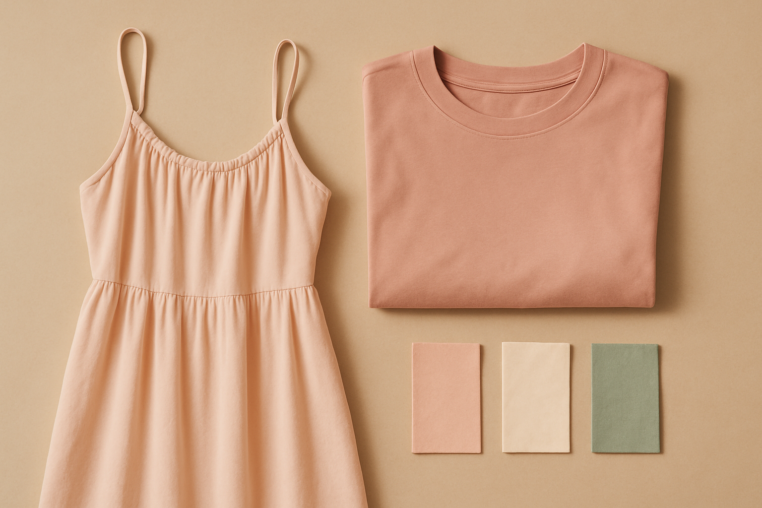 A flat lay of women’s fashion essentials including a soft cotton dress, folded oversized T-shirt, and color swatches in blush, cream, and sage tones on a warm studio backdrop