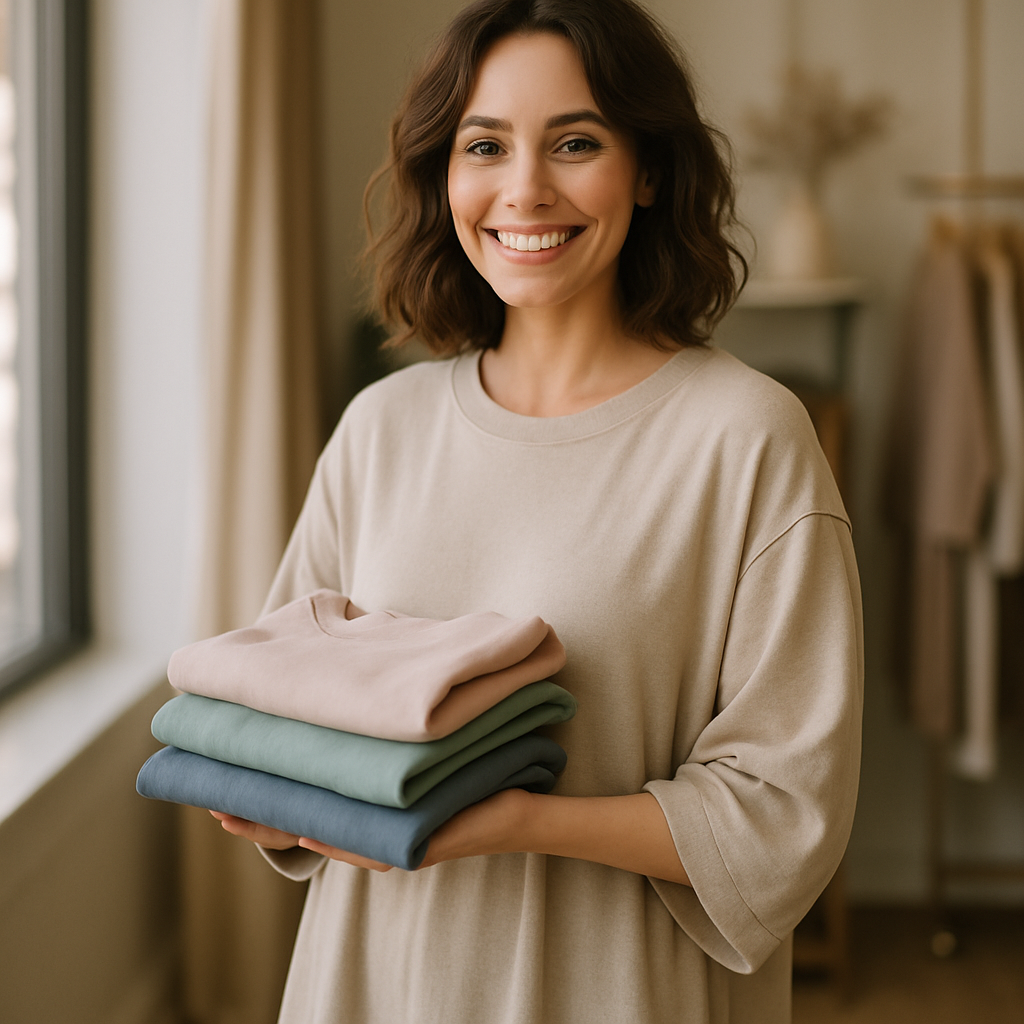 Smiling woman wearing a soft oversized cotton dress in a warm neutral tone, holding folded pastel T-shirts in a boutique setting