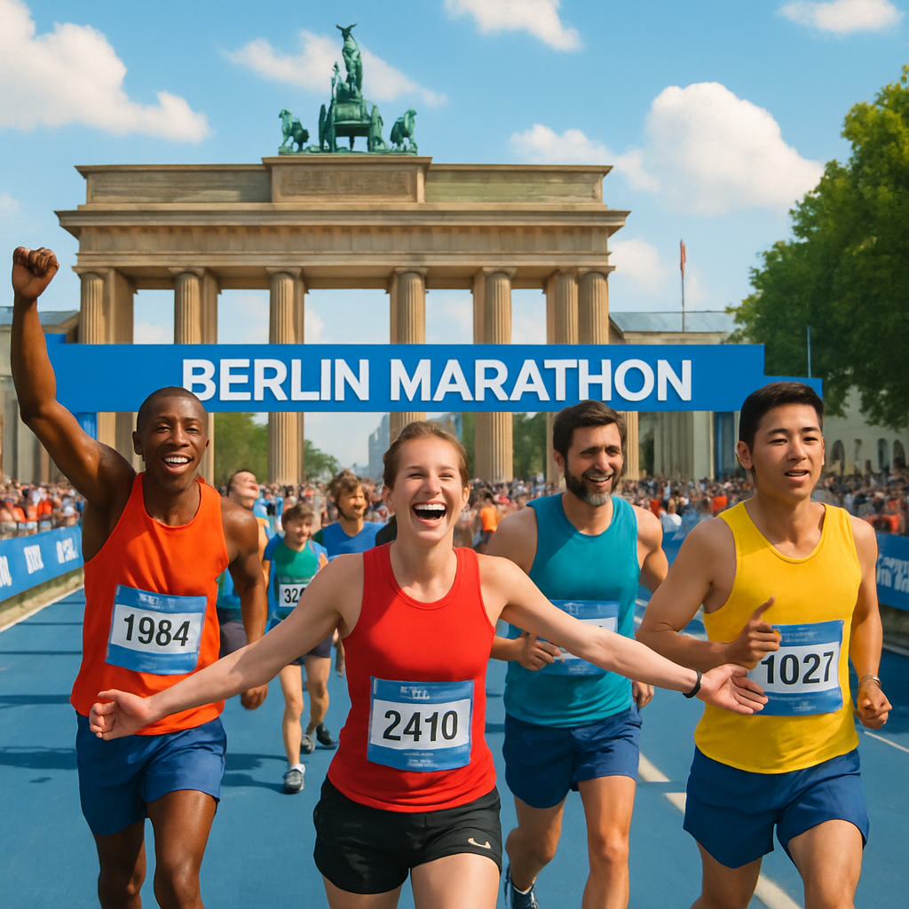 Runners crossing Berlin Marathon finish line with Brandenburg Gate in background