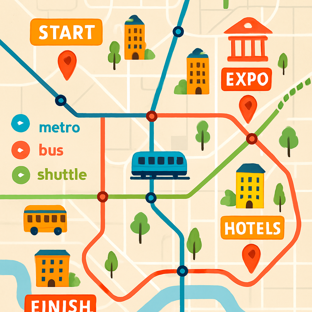 Illustrated city map highlighting marathon transport routes and key landmarks