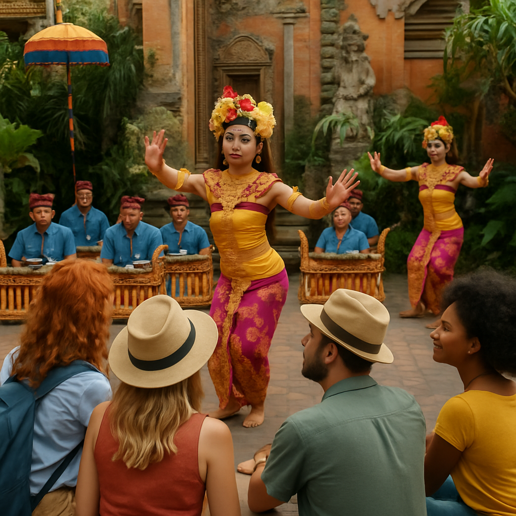 Travelers enjoying a traditional music or dance performance