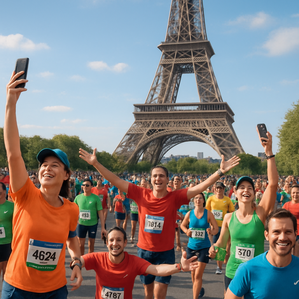 Famous city landmark surrounded by marathon runners taking photos