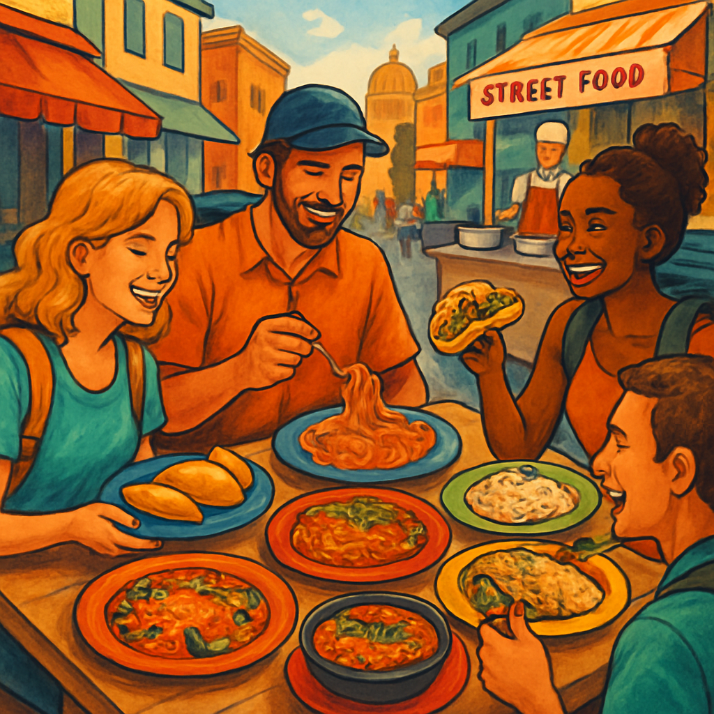 Local street food and vibrant dishes being enjoyed by travelers