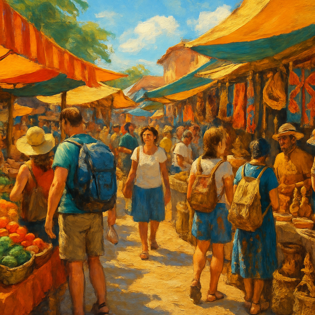 Bustling local market with colorful stalls and fresh produce