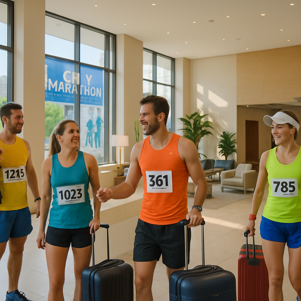 Modern hotel lobby with marathon runners checking in, luggage at their side, and city marathon banners visible through the windows