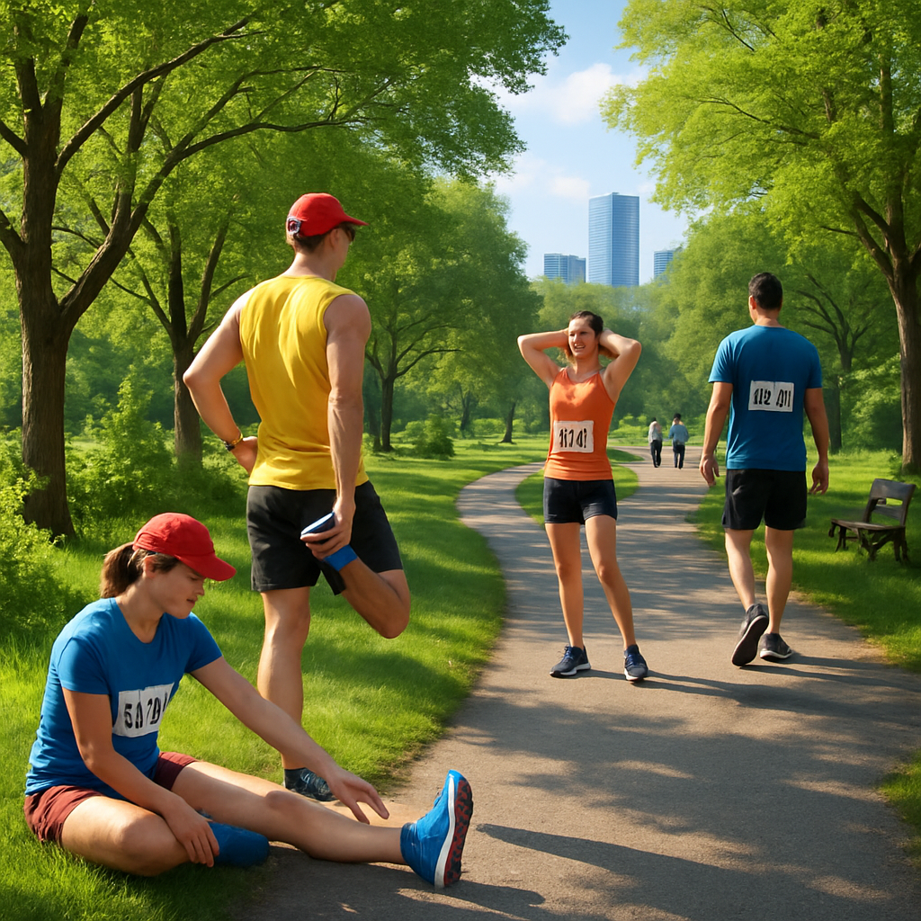 Green park or scenic trail near city, with runners relaxing