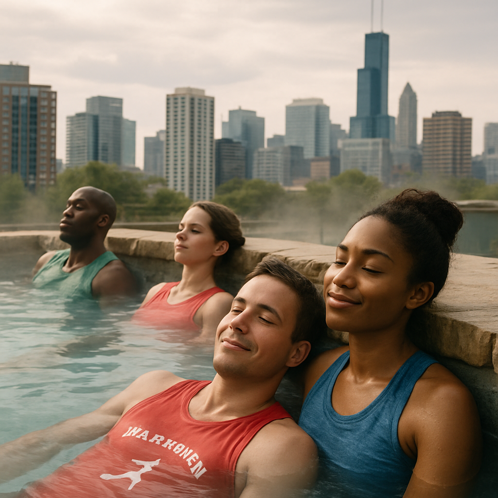 Runners relaxing at a spa, hot spring, or city rooftop pool