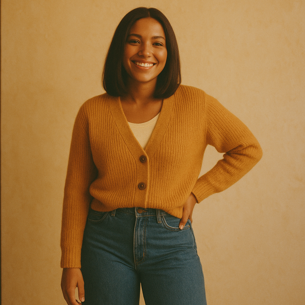 Smiling woman in a mustard cardigan and wide-leg jeans