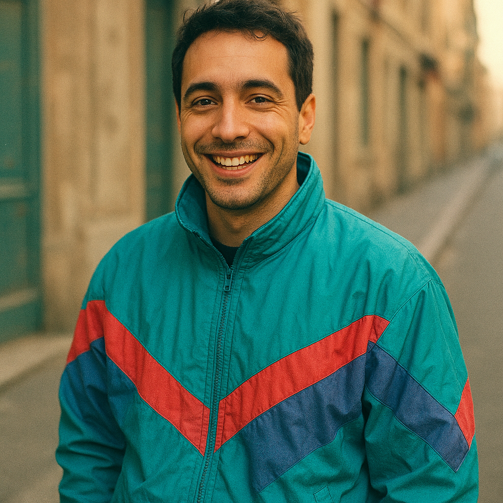 Man in a teal windbreaker with a warm smile