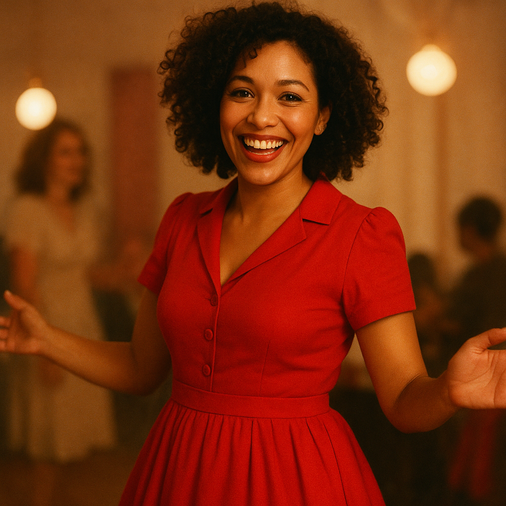 Woman with curly hair wearing a red retro dress