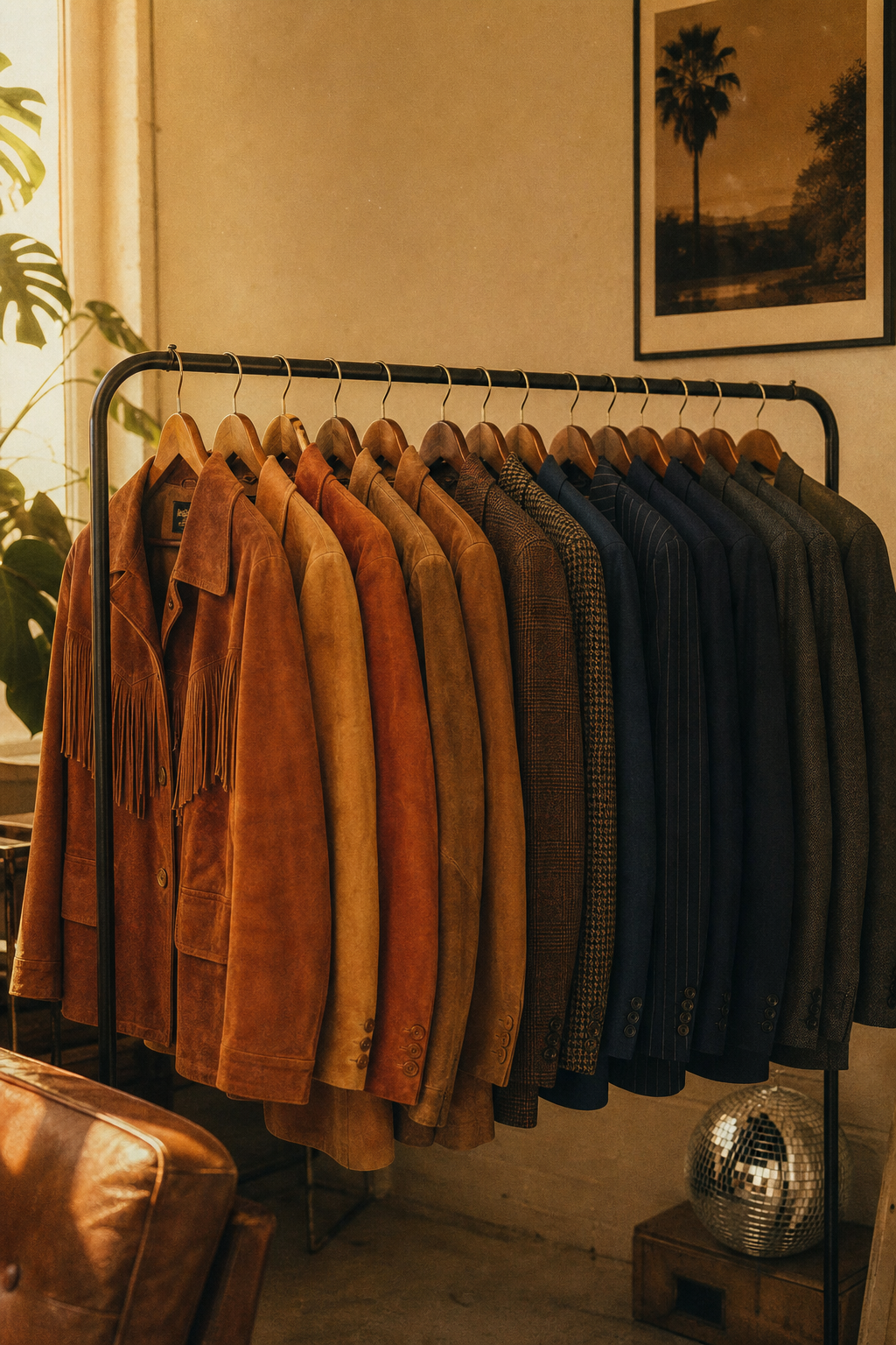 Warm film-style photo of a vintage clothing rack with 70s suede jackets and 80s tailored blazers