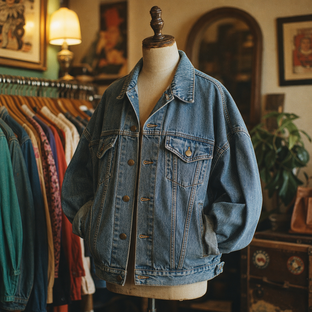 Oversized 1980s denim jacket in faded indigo with brass buttons