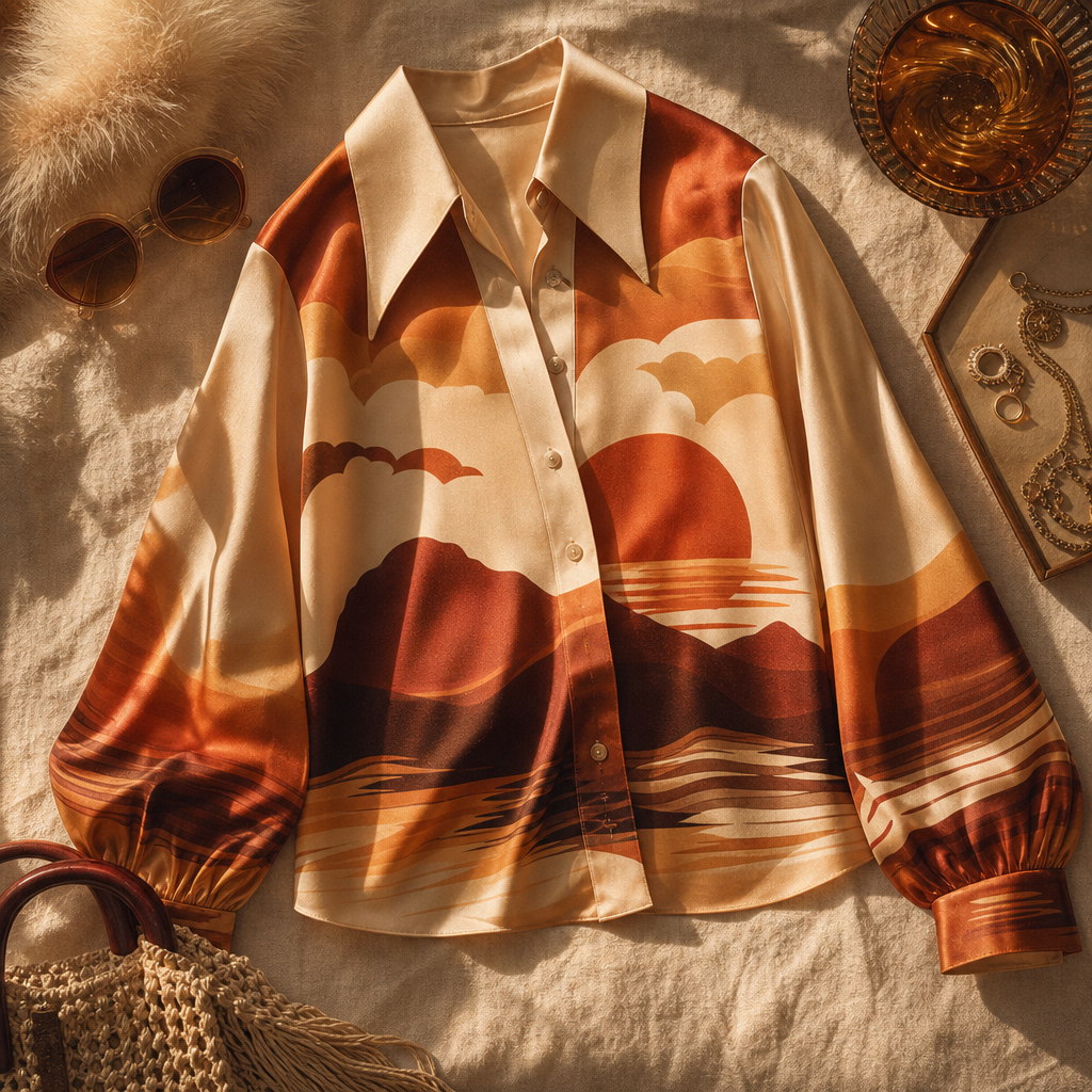 Silky disco blouse with abstract sunset print, pointed collar, and billowy sleeves