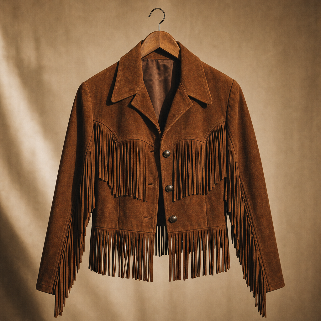 Chestnut suede fringe jacket with long tassels and a cropped 1970s silhouette