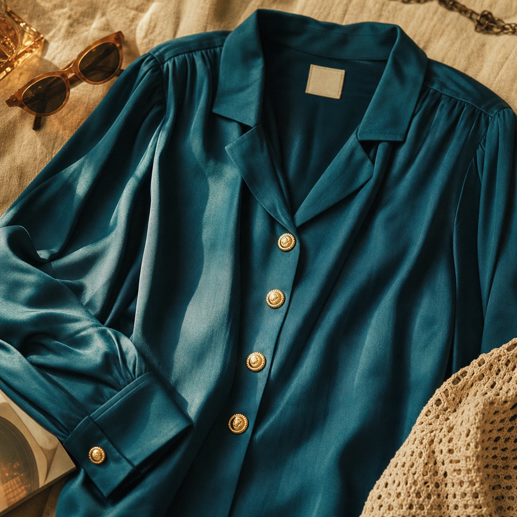 Close-up of a 1980s silk blouse in deep teal with gold buttons on a textured linen backdrop
