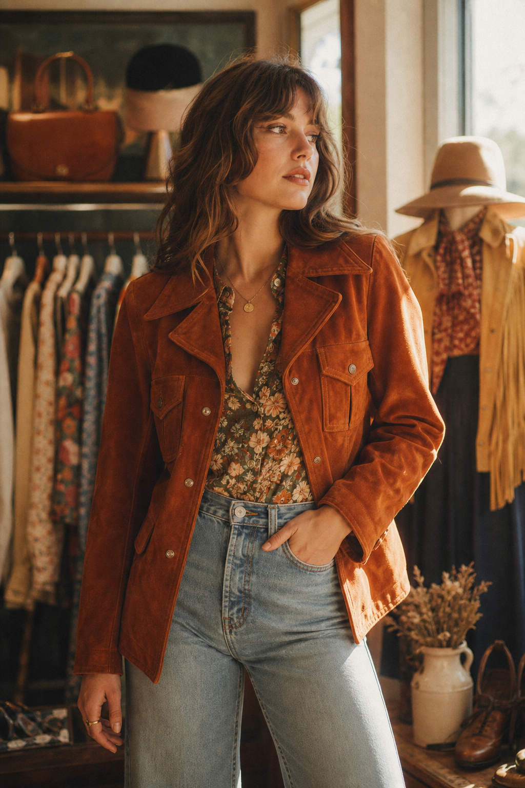 A stylish woman wearing a burnt-orange 1970s suede jacket and high-waisted denim in warm window light