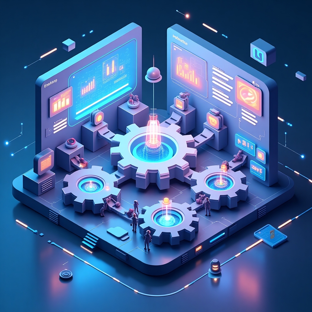 3D isometric scene of automated workflow gears, glowing data streams, and robotic arms orchestrating tasks in a luminous, futuristic environment