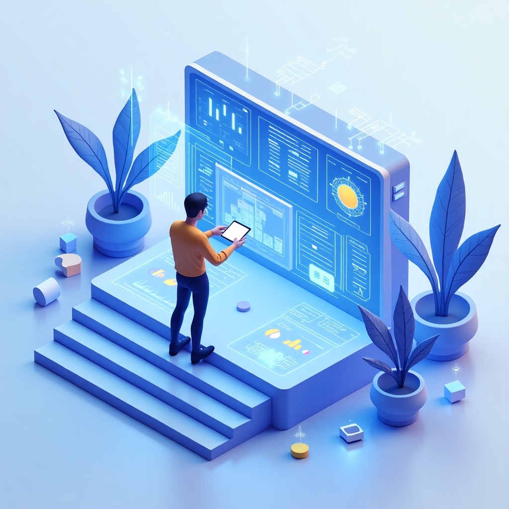 Isometric 3D illustration of a user setting up a futuristic dashboard with holographic UI panels and neon-blue accents