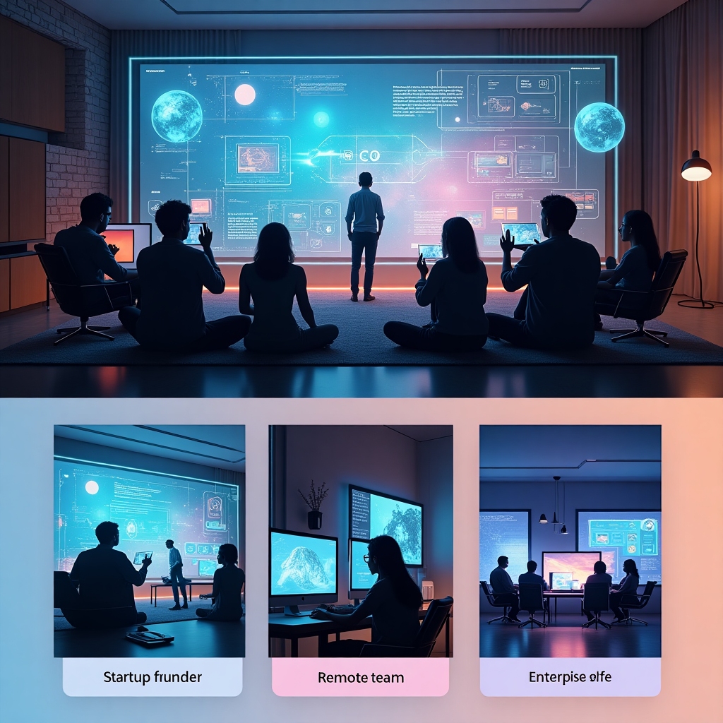 Diverse remote team collaborating via holographic screens, working from dynamic home setups with futuristic interfaces, cinematic daylight and energetic color mood