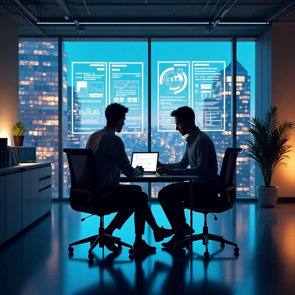 Futuristic office with a young startup founder working on a digital tablet surrounded by holographic charts, energetic lighting, and a city skyline through window