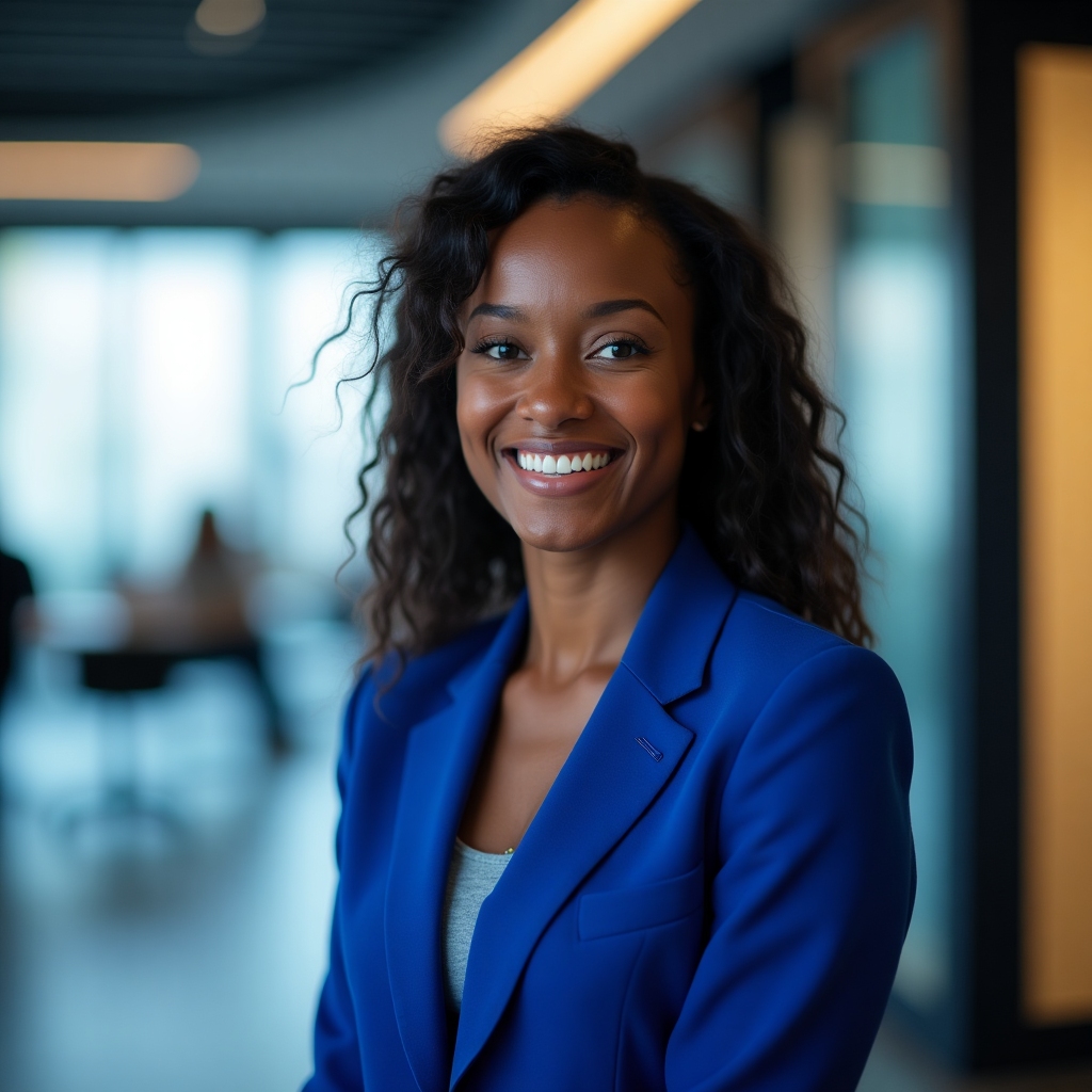 Professional portrait of a smiling Black woman in a sharp blue suit, cinematic lighting, modern office background