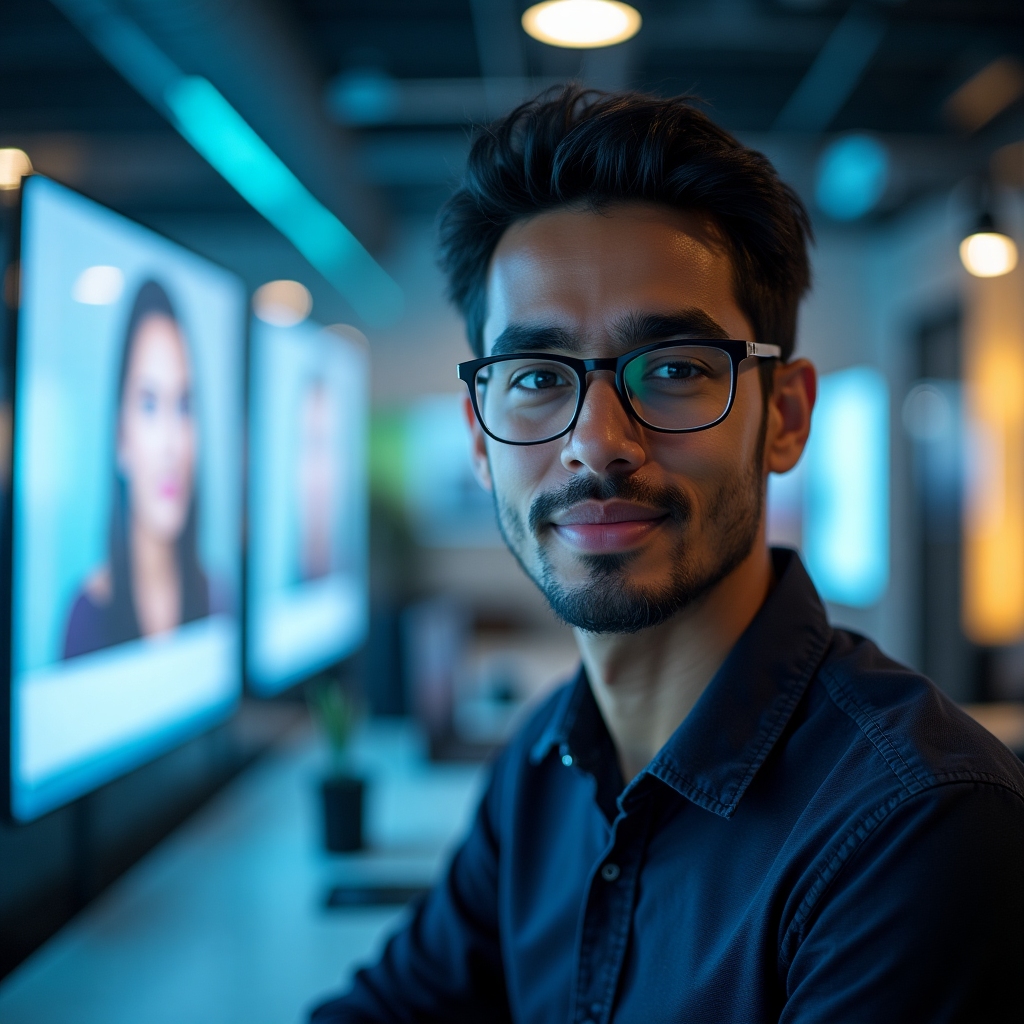 Portrait of a young South Asian man with glasses and short hair, dynamic lighting, futuristic workspace with holographic screens
