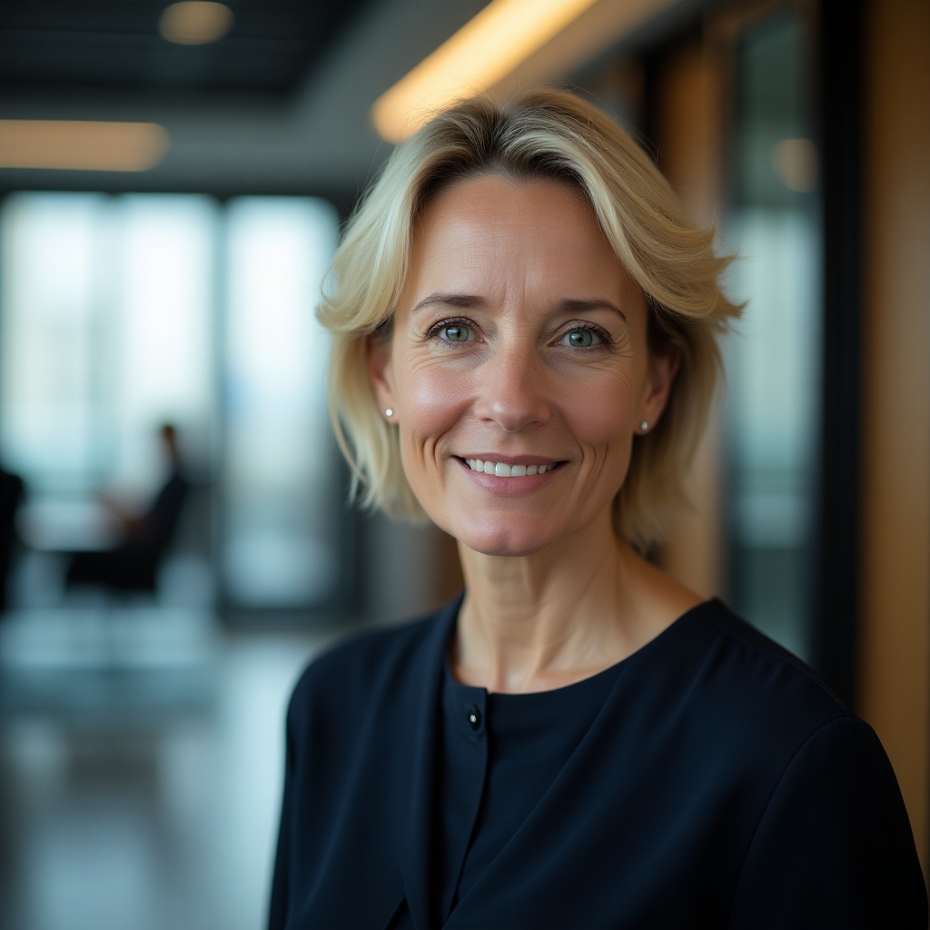 Portrait of a middle-aged white woman with short blonde hair, dramatic side lighting, sleek enterprise office