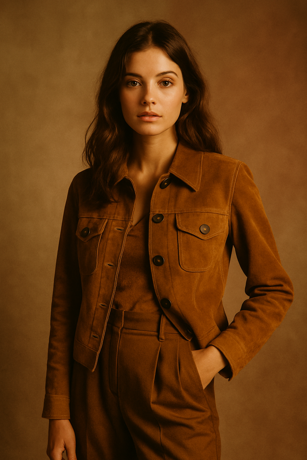 Editorial-style portrait of a fashion model wearing a caramel suede jacket and high-waisted trousers, photographed in warm film lighting