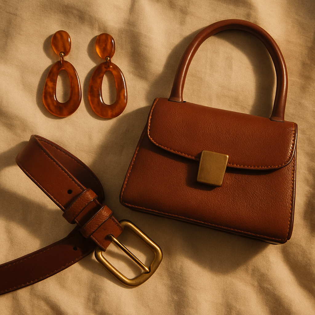 Flat lay of statement accessories including amber earrings, brown leather belt, and structured handbag on cream fabric