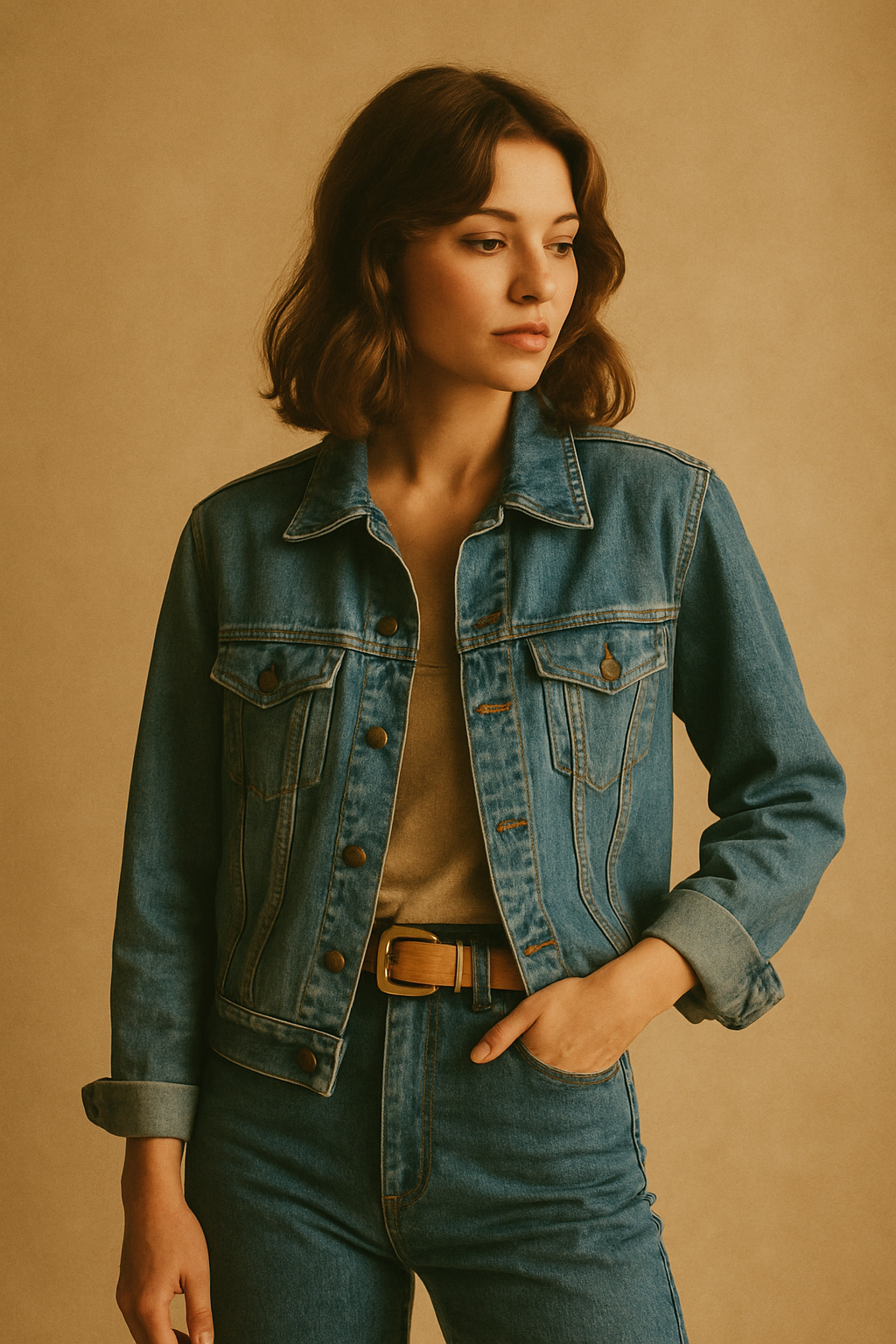 Model wearing a faded blue denim jacket with high-rise jeans, styled with a muted gold belt in a warm studio