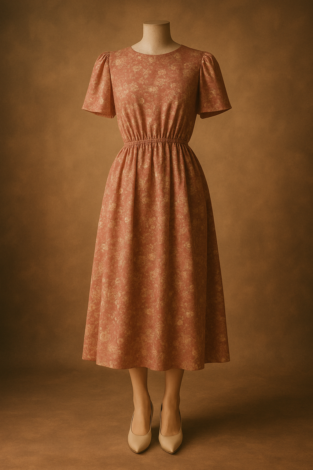 Vintage floral dress in dusty rose with a cinched waist, styled with cream heels and soft studio light