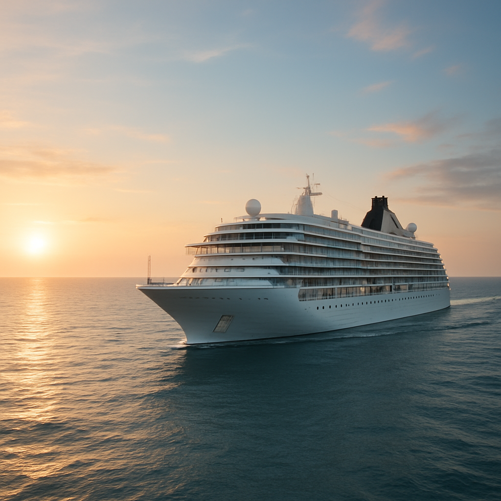 Luxury cruise ship sailing on open ocean at golden hour with soft sunlight and tranquil water