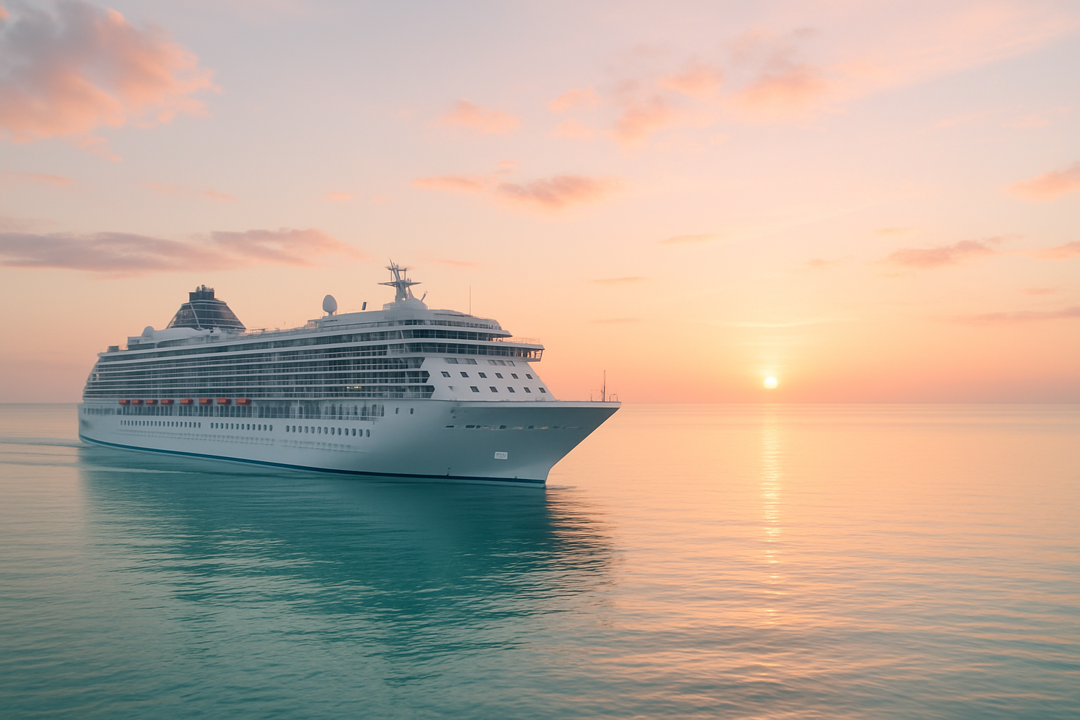 Modern white cruise ship sailing on a calm turquoise ocean at sunrise with soft pink sky