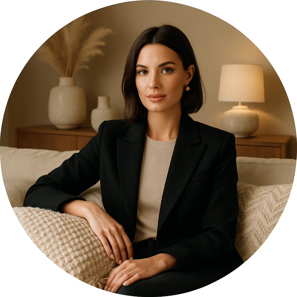 Chic woman with cozy throw pillows