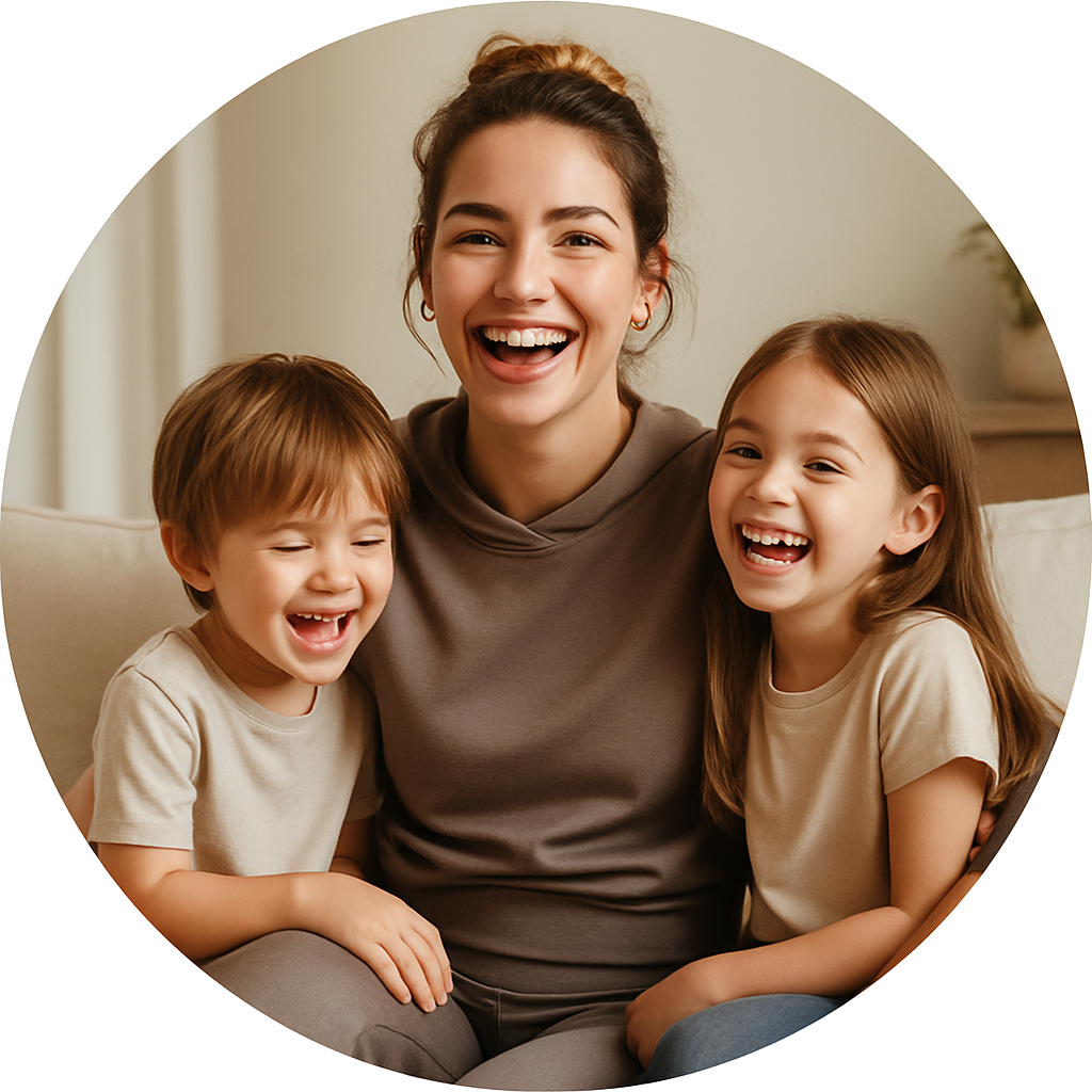 Smiling mom with kids and stylish sportswear