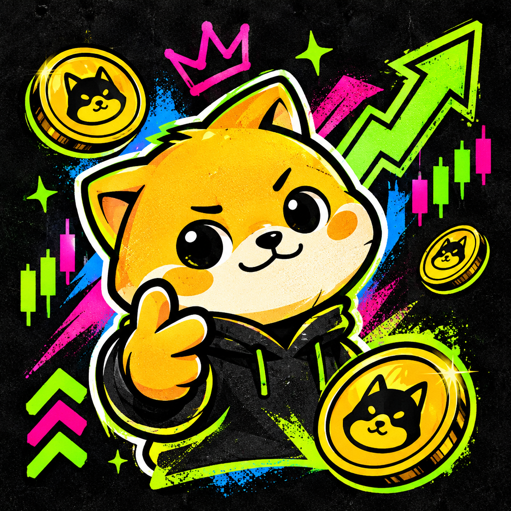 Sticker-style Nuggo mascot token poster with neon accents, coin icon details, and bold crypto collage energy
