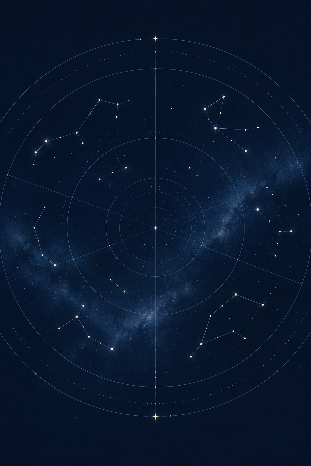 Minimal celestial diagram with constellation lines, circular coordinate rings, and subtle star points on a calm night-sky backdrop