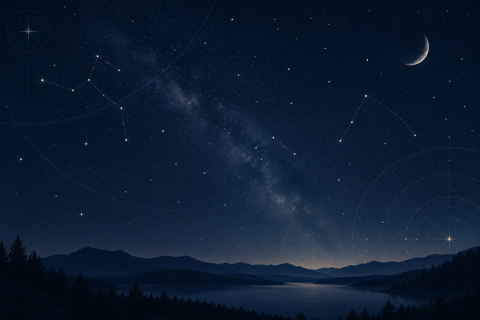 Calm night sky backdrop with deep navy atmosphere, subtle cream stars, and faint star-chart line overlays