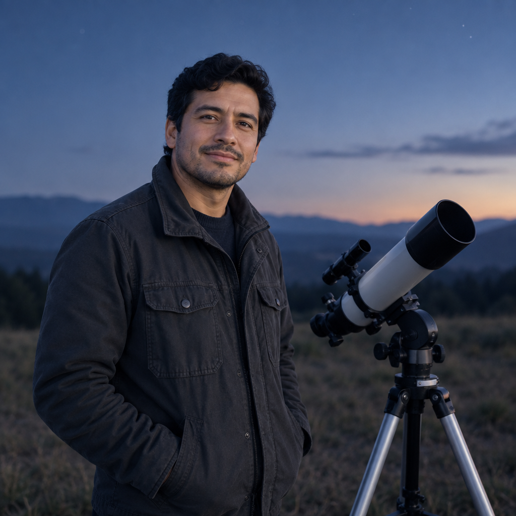 Organizer Daniel Reyes, wearing a charcoal jacket beside a telescope on a quiet twilight field