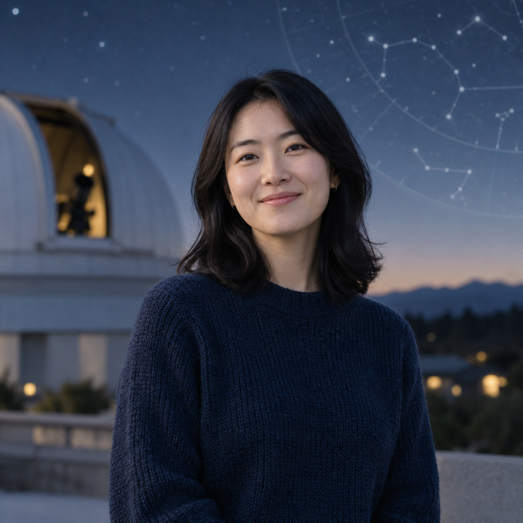 Organizer Lina Park, smiling in a dark blue knit sweater in front of a softly lit evening backdrop
